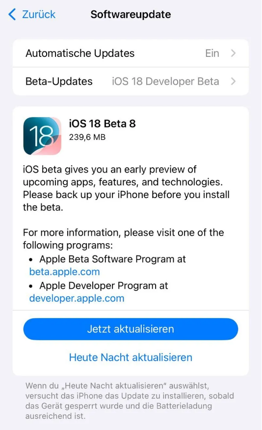 惠山苹果手机维修分享苹果 iOS / iPadOS 18 开发者预览版 Beta 8 发布 